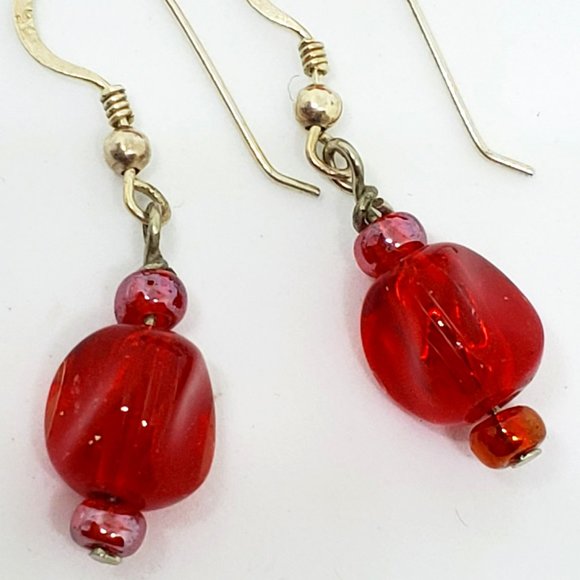 Bold Ruby Red Glass Bead Stretch Bracelet & Dangle Earrings in Sterling Silver - Picture 3 of 8